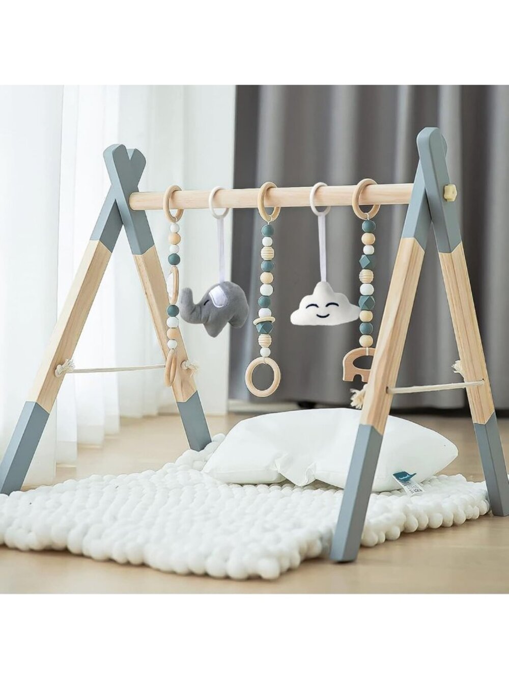 Foldable Wooden Baby Play Gym with 5 Hanging Toys - Activity Frame for Infants